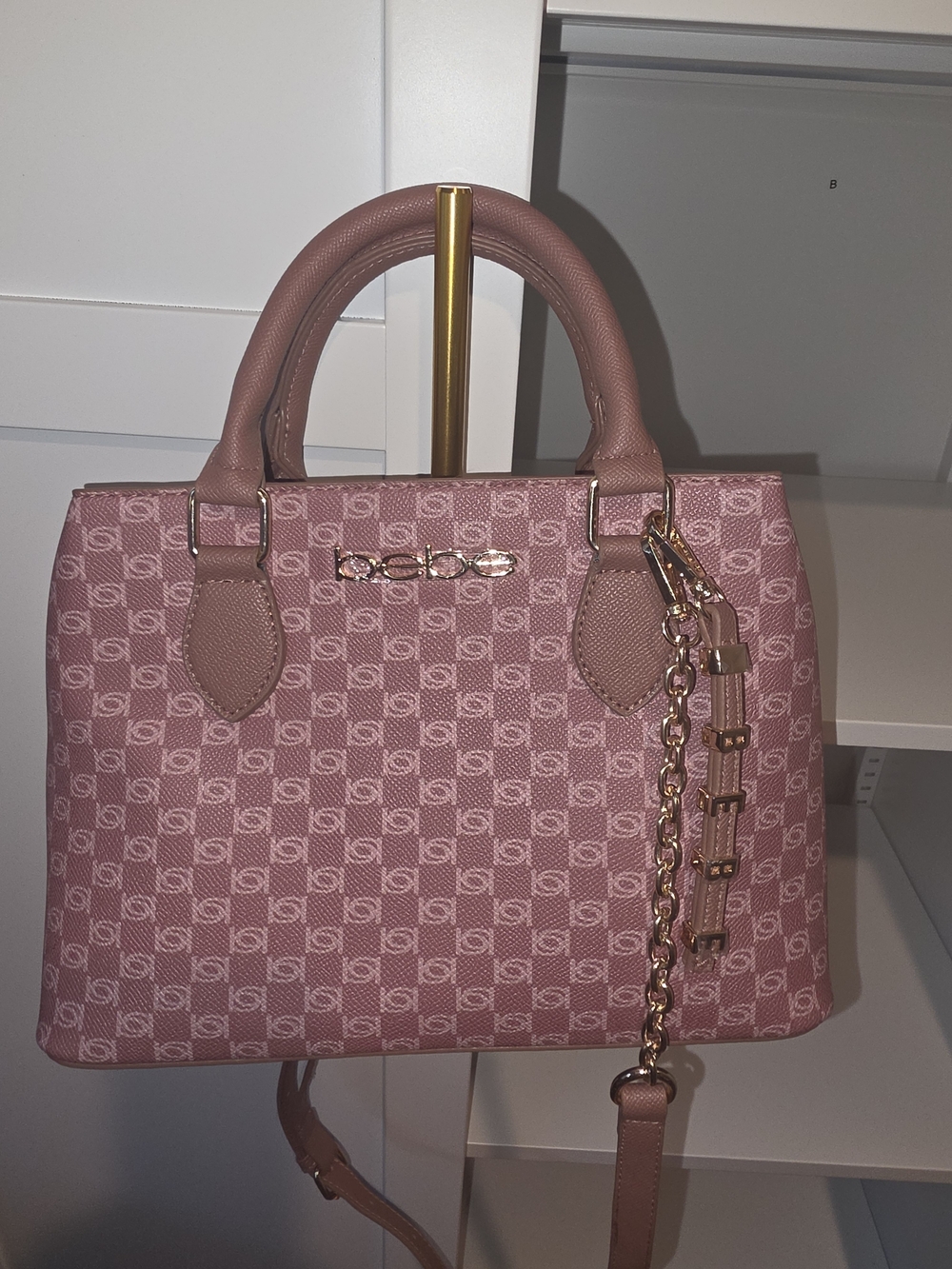 bebe Blush Pink Logo Satchel with Chain Strap